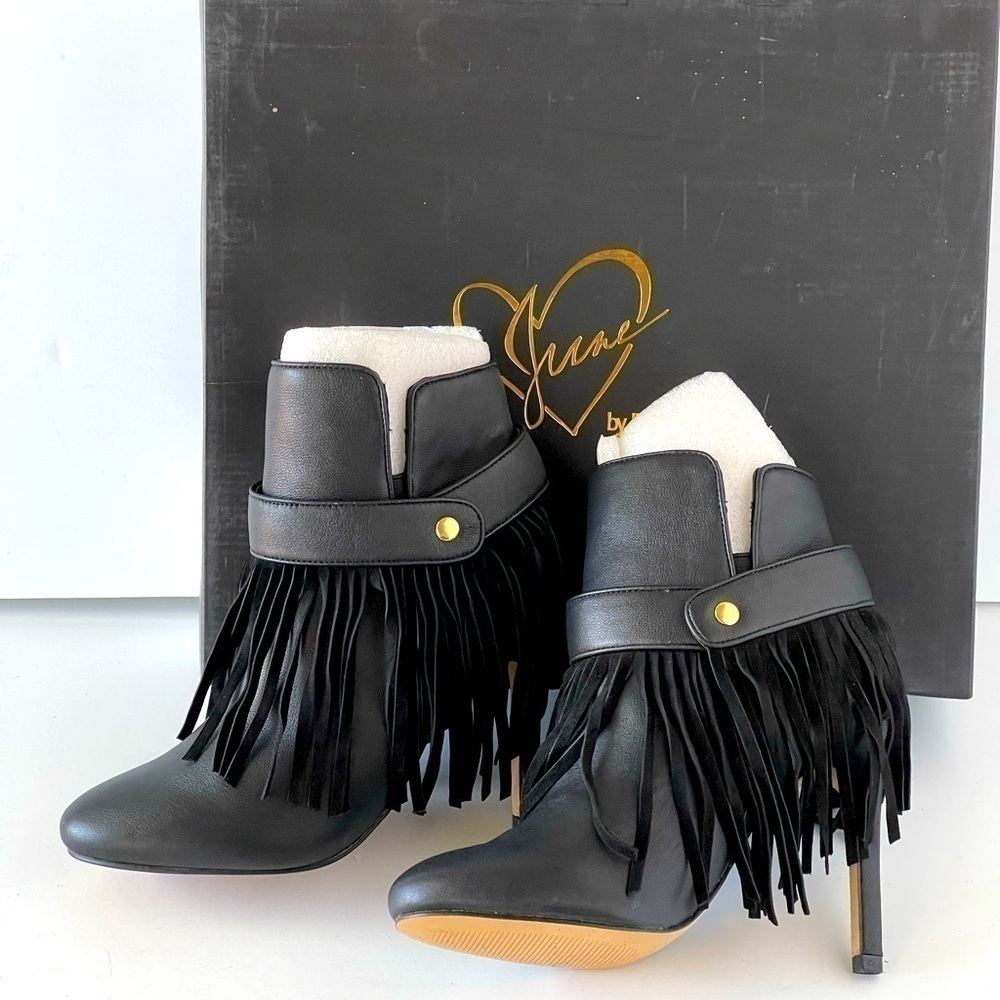June Ambrose Black Leather Ankle Boots Platform Heels Fringe Tassel Bootie, 6.5W